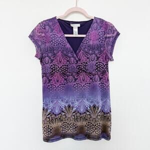 Y2K Lizwear Top Purple Ombre Print V-Neck Cap Sleeve Size M Boho Fairy‎ Artsy